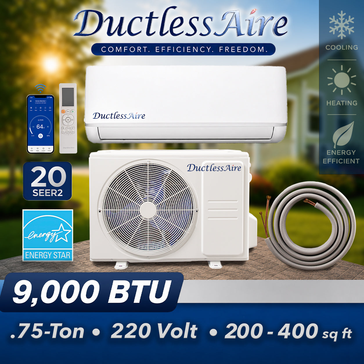 9,000 BTU 20 SEER2 R454b Mini Split Heat Pump - (350-400 Sq. Ft. Coverage) Model # 454-09-KA