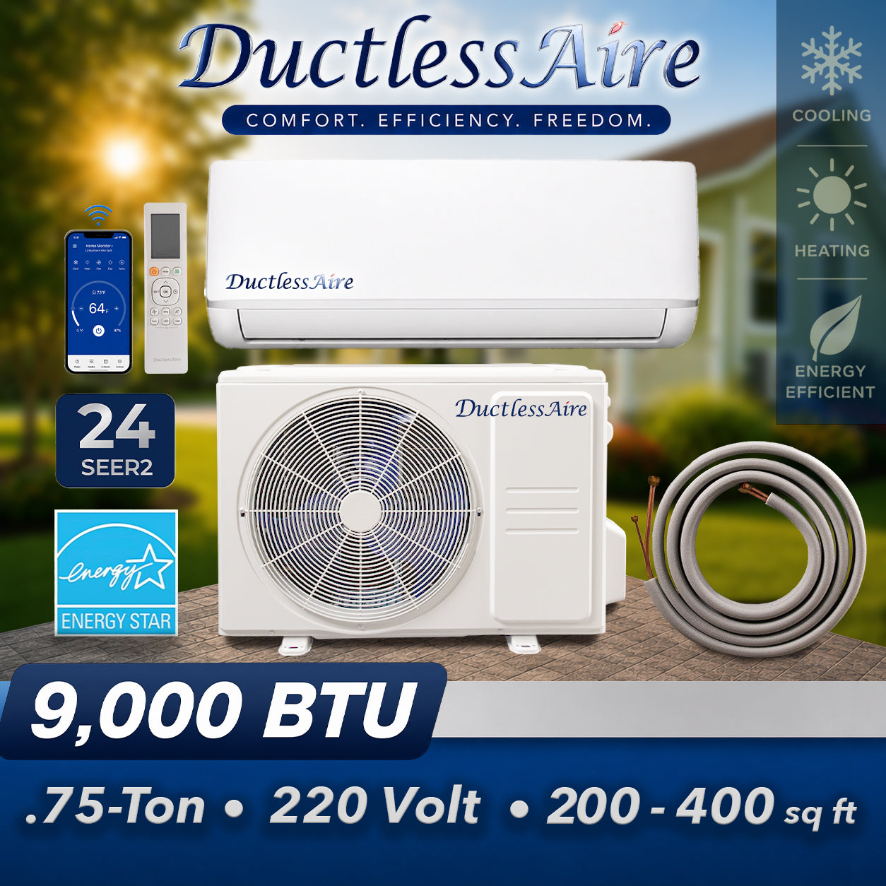 9,000 BTU 24.6 SEER2 R454b Mini Split Heat Pump - (350-400 Sq. Ft. Coverage)